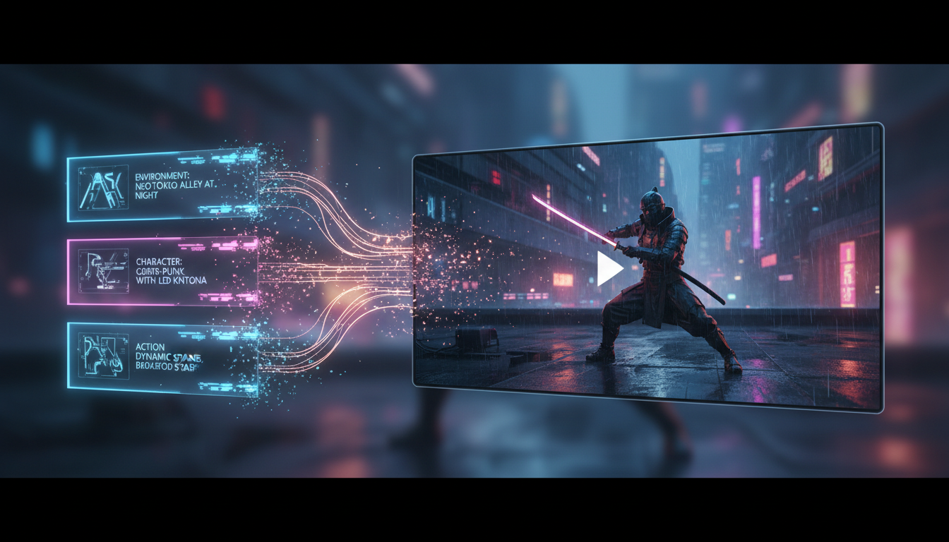 Editorial cover showing prompt blocks transforming into a cinematic text-to-video frame