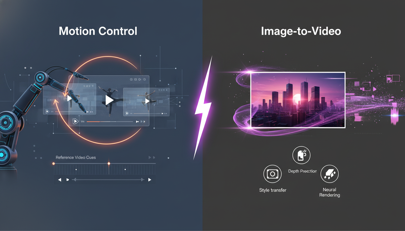 Editorial split cover comparing motion control and image-to-video workflows